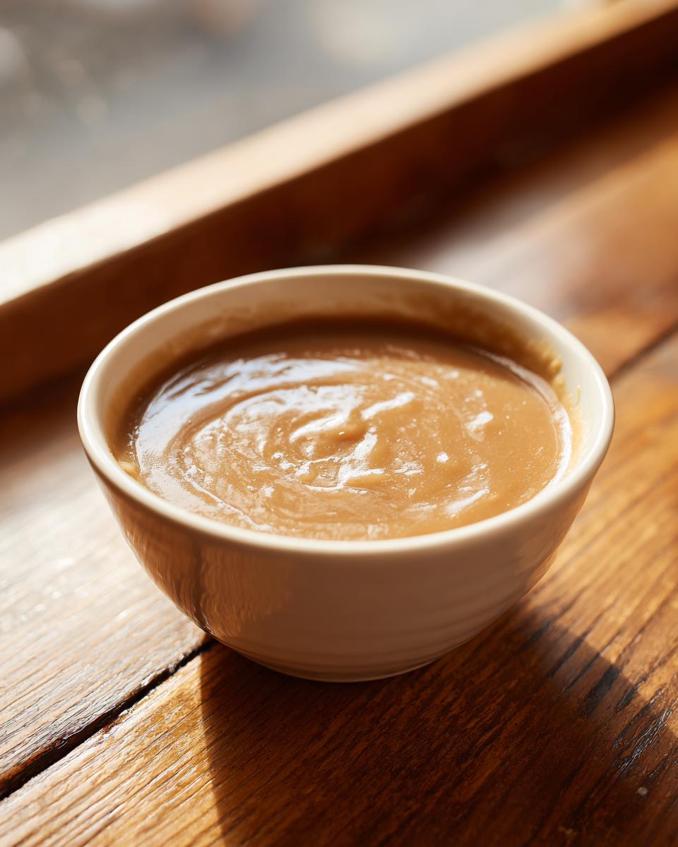 A small white bowl filled with smooth, rich brown turkey gravy sitting on a rustic wooden surface.