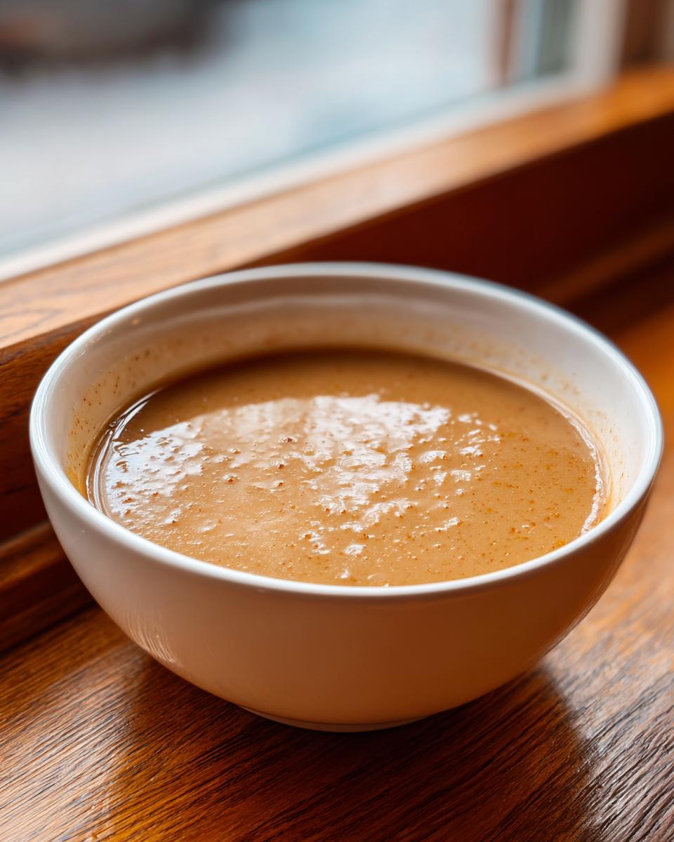 A close-up of rich, brown turkey gravy served in a white bowl resting on a wooden surface.