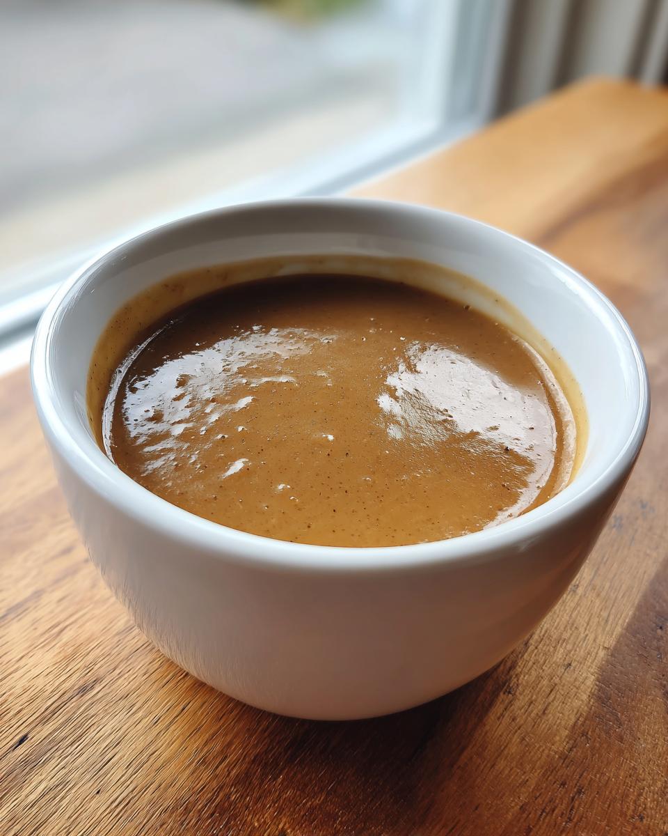 Close-up of smooth, rich brown turkey gravy served in a small white bowl on a wooden surface.