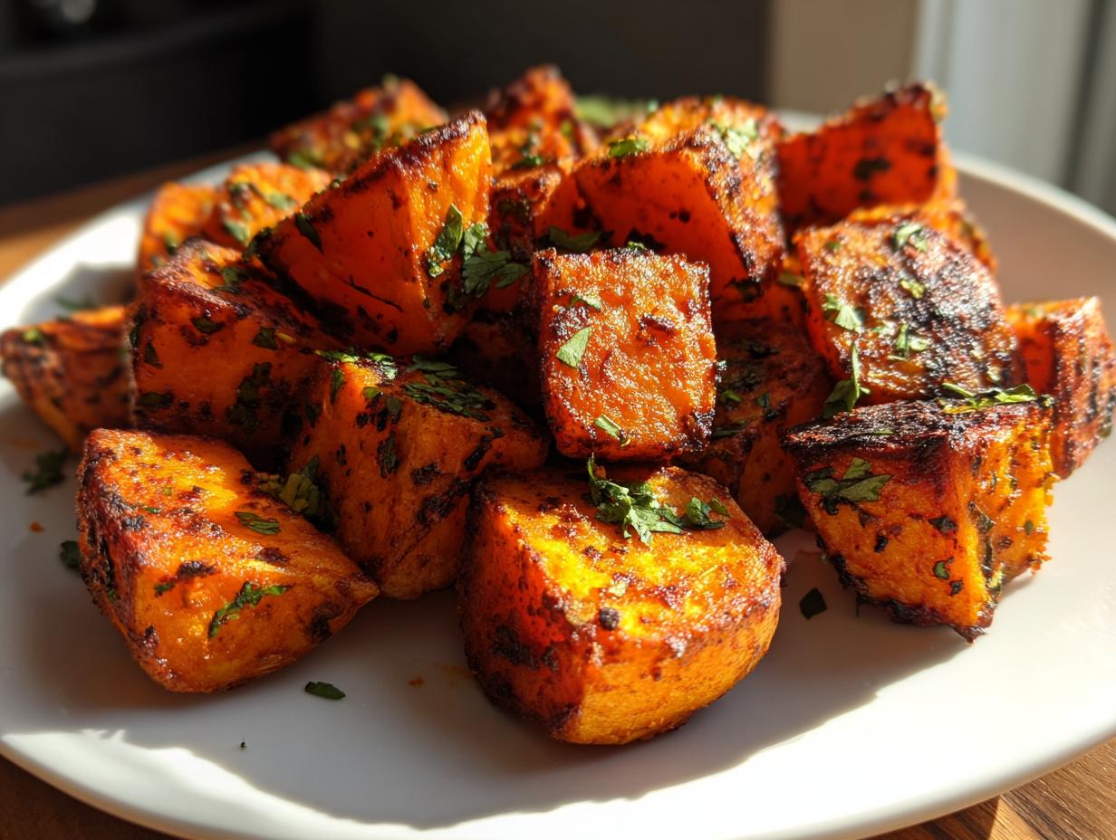 Close-up of perfectly roasted, spiced Mexican potatoes cubes garnished with fresh cilantro.