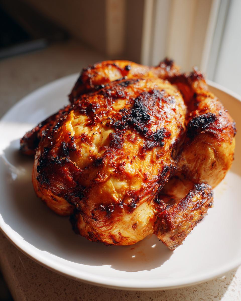 Close-up of a beautifully roasted spatchcock chicken with crispy, browned skin resting on a white plate.