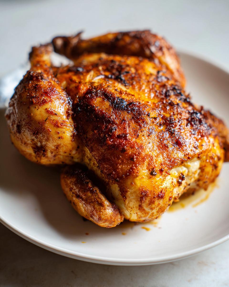 A whole, beautifully roasted spatchcock chicken with deeply browned, seasoned skin resting on a white plate.