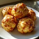 Five golden-brown rotel cream cheese sausage balls stacked closely on a white plate, beautifully lit by sunlight.