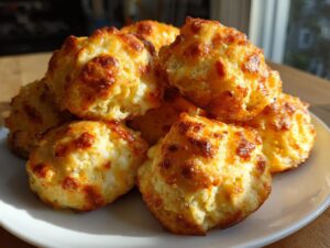 A pile of freshly baked rotel cream cheese sausage balls with golden brown, cheesy tops on a white plate.