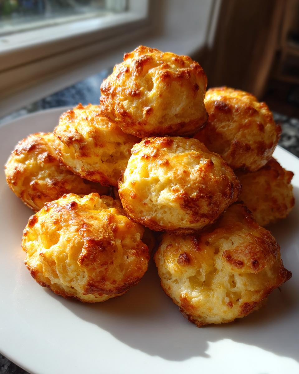 A stack of golden brown rotel cream cheese sausage balls piled high on a white plate near a window.