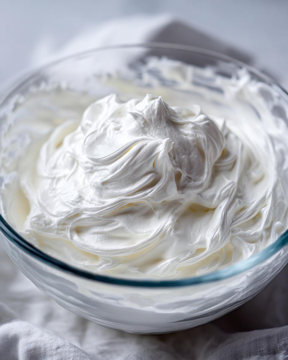 Close-up of smooth, stiff peaks of white royal icing recipe mixture in a clear glass bowl.