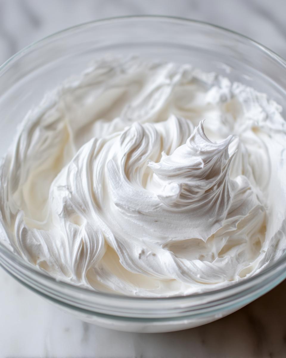 Close-up of thick, glossy white royal icing recipe mixture whipped to stiff peaks in a clear glass bowl.