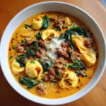 Close-up overhead view of a bowl of rich sausage tortellini soup, featuring creamy broth, ground sausage, spinach, and grated Parmesan.