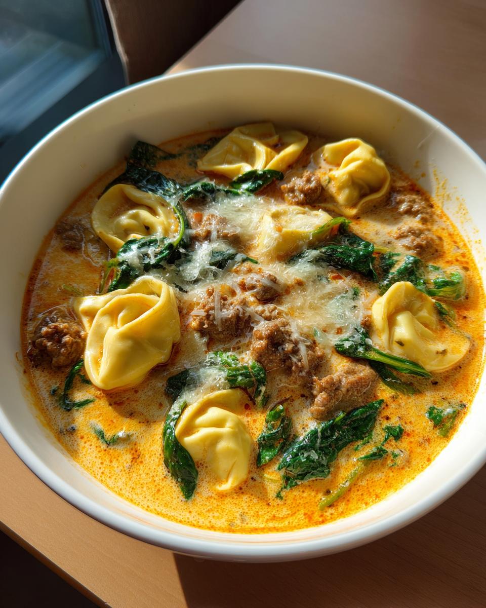 A close-up of a white bowl filled with creamy sausage tortellini soup, featuring cheese tortellini, ground sausage, and wilted spinach.