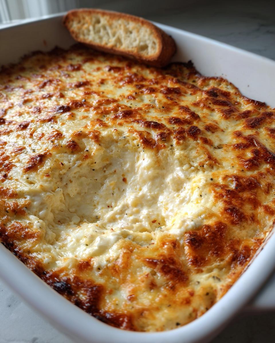 Close-up of a hot, baked bread dip with a bubbly, golden-brown cheese topping, served in a white dish with a piece of toasted bread.