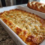 A close-up of a hot, bubbly, cheesy bread dip topped with herbs in a white rectangular dish, with sliced bread nearby.