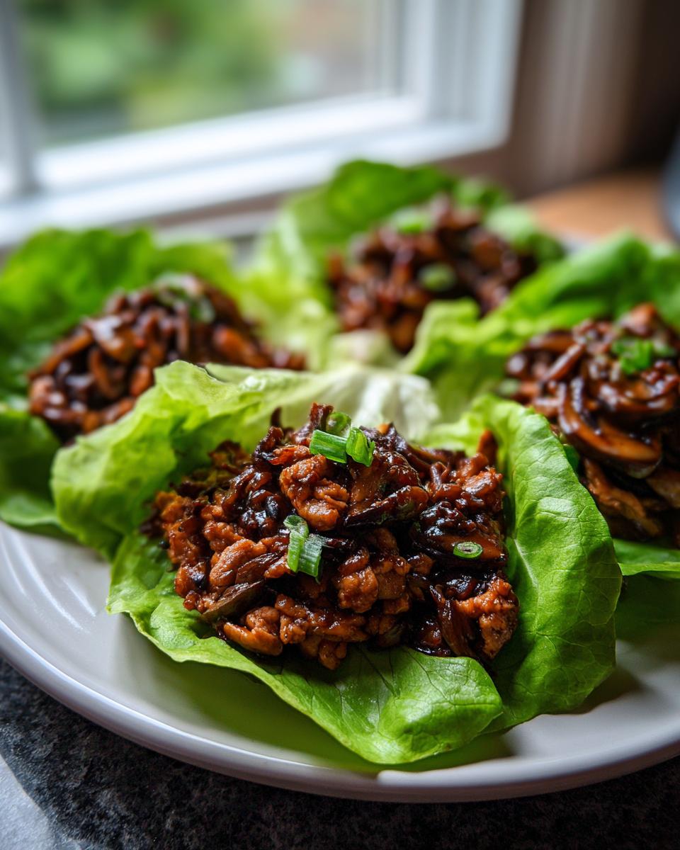 Four servings of savory, dark-sauced chicken lettuce wraps topped with green onions, ready to eat.