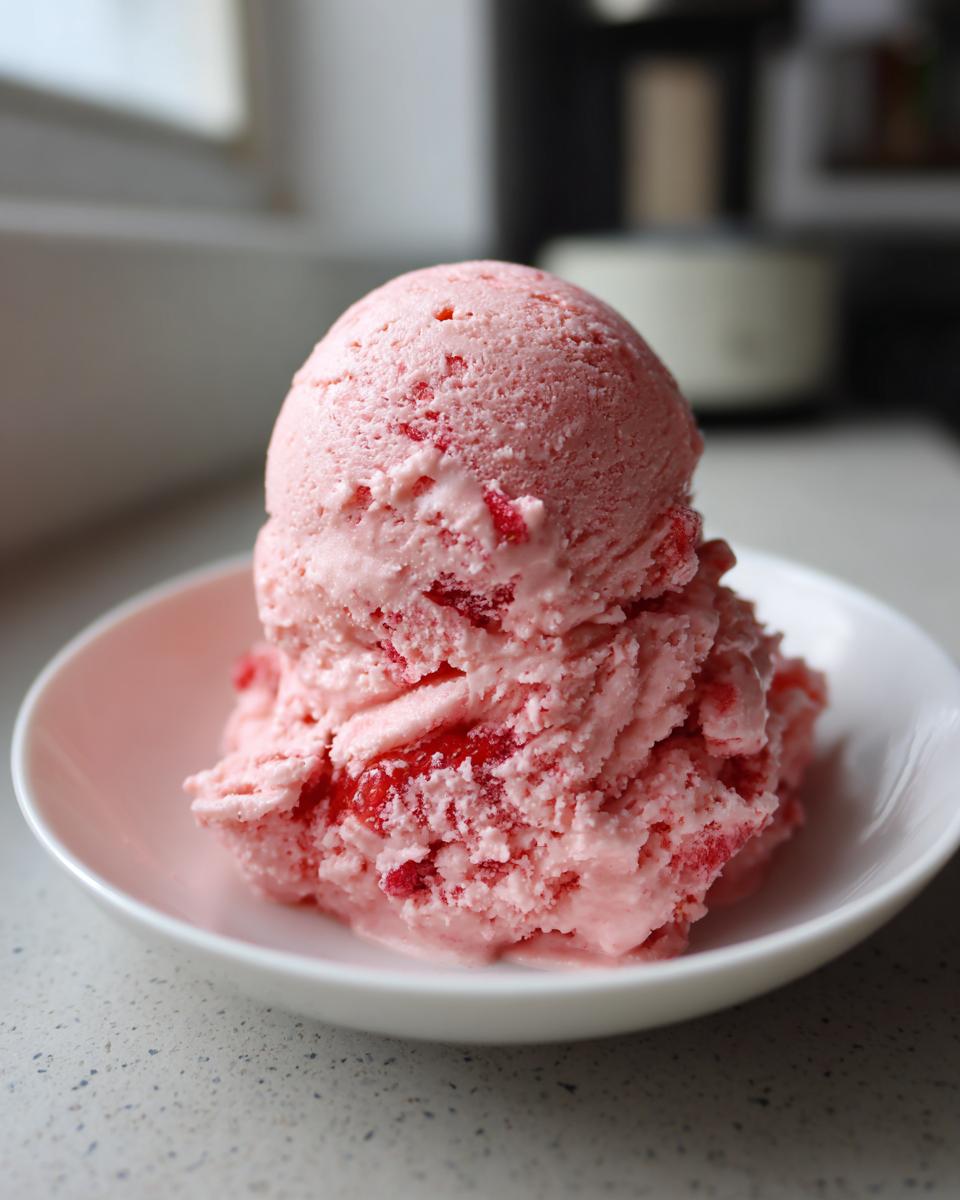 A generous scoop of pink strawberry ice cream with visible fruit chunks served in a small white bowl.
