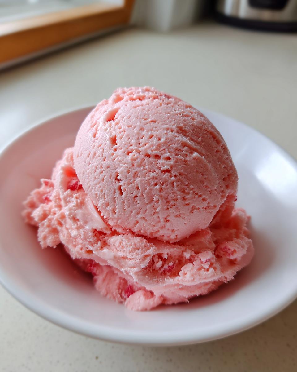A close-up of two scoops of pink strawberry ice cream served in a small white bowl.