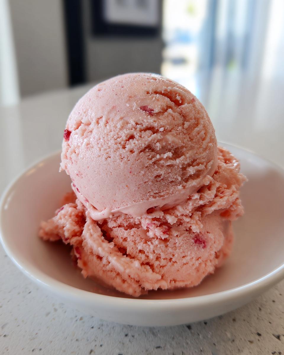Two scoops of pink, homemade strawberry ice cream with visible fruit pieces served in a small white bowl.
