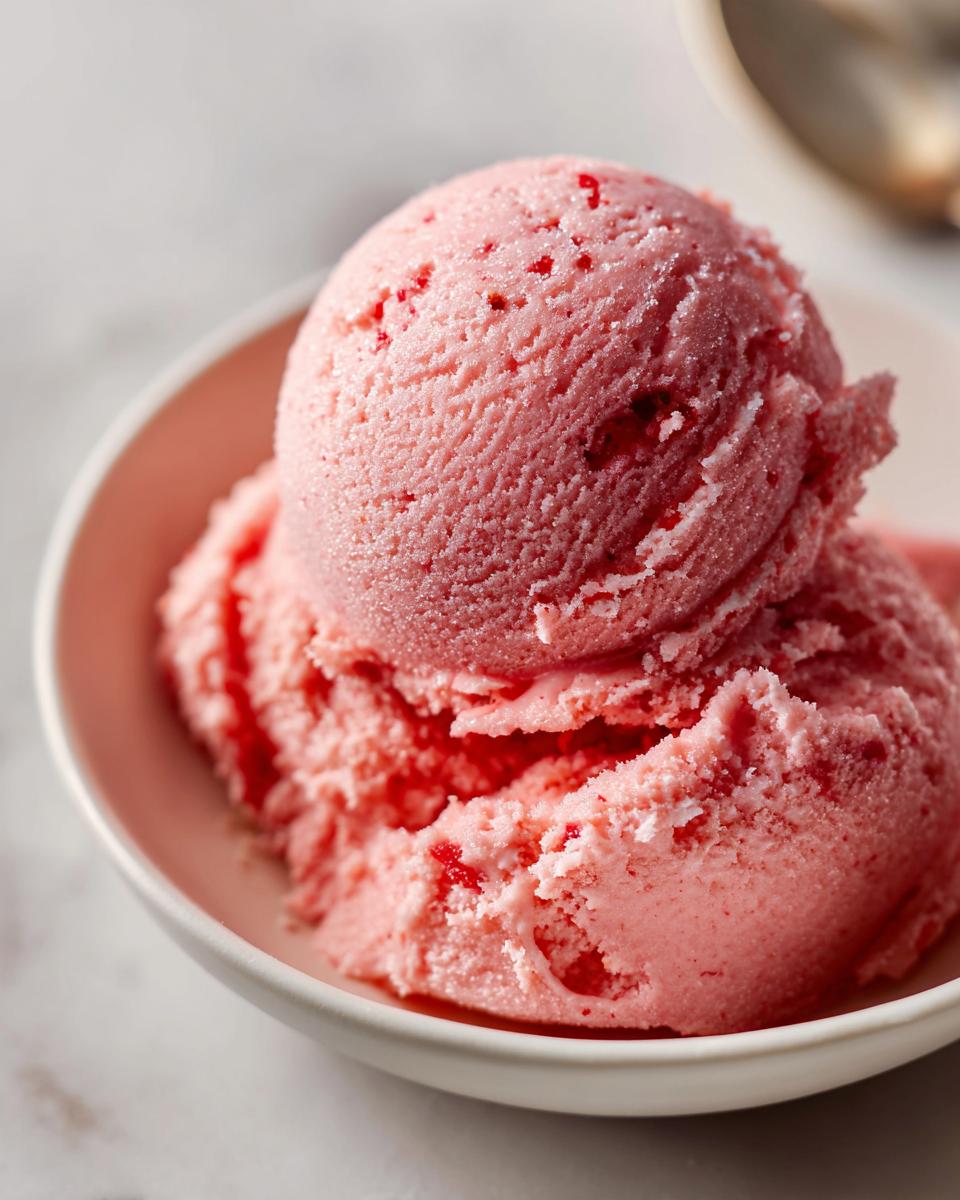 Close-up of two scoops of pink strawberry ice cream with visible fruit pieces in a small white bowl.
