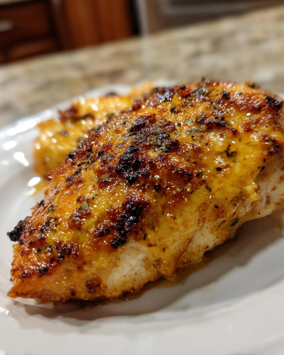 Close-up of a juicy, seared chicken breast seasoned for caesar chicken, resting on a white plate.