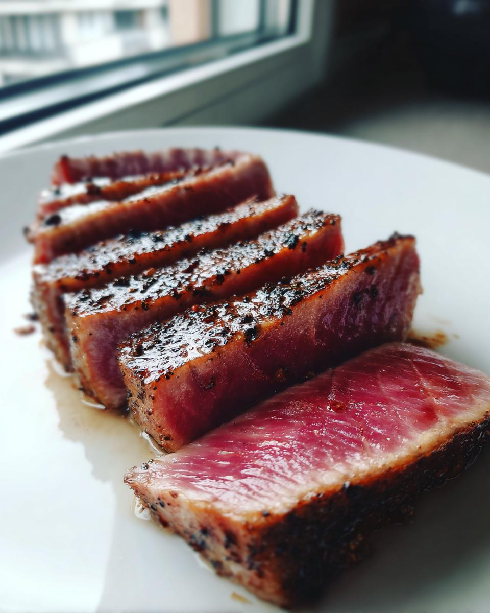 Close-up of perfectly seared and sliced rare tuna steak, crusted with pepper, resting on a white plate.