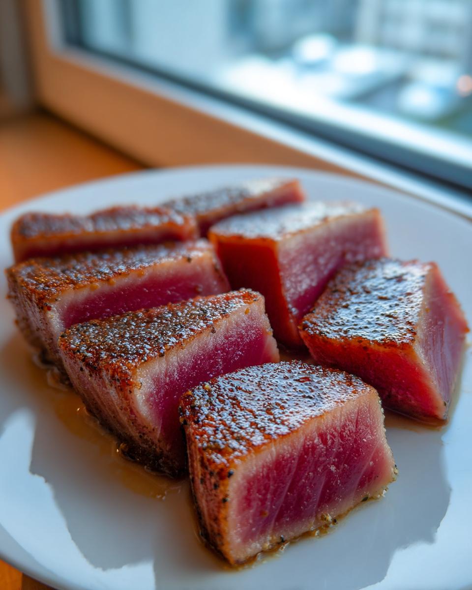 Close-up of several perfectly seared tuna steak cubes, showing a dark crust and bright pink, rare interior.