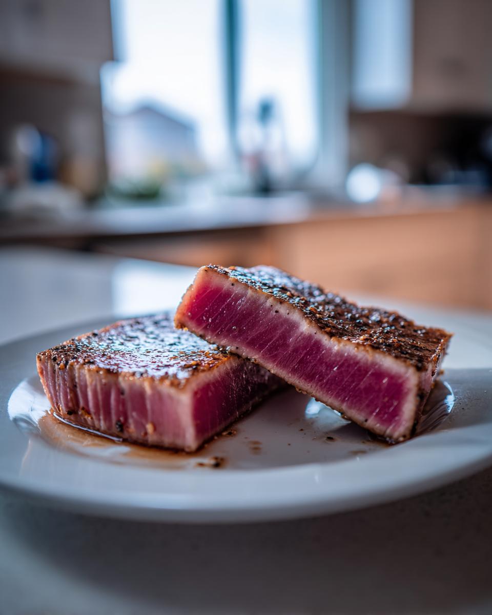 Two thick slices of perfectly seared tuna steak showing a bright pink, rare center on a white plate.