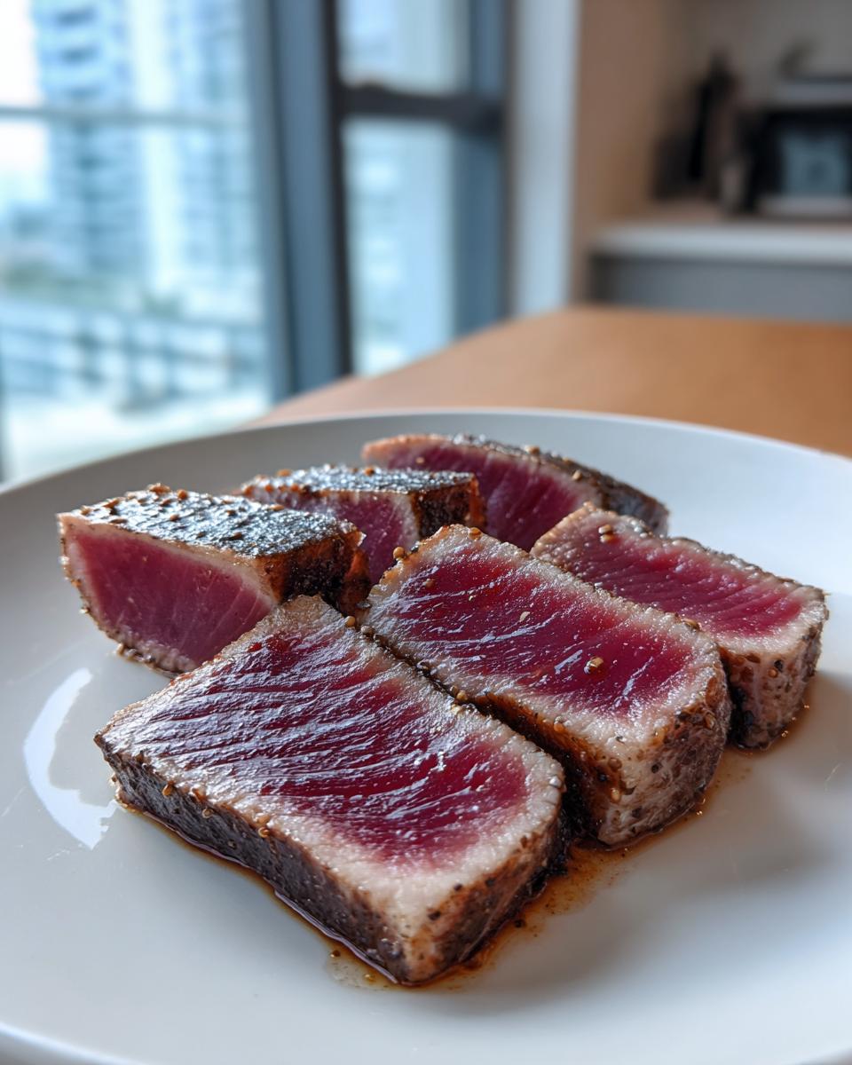 Close-up of perfectly seared tuna steak, sliced to show the rare, deep red center.