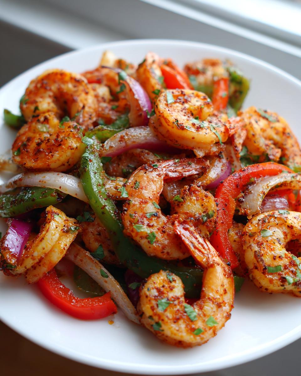Close-up of seasoned shrimp fajitas mixed with sliced red and green bell peppers and red onions on a white plate.