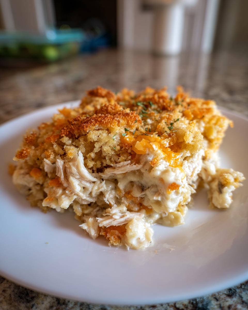 A close-up serving of creamy chicken wild rice casserole topped with golden breadcrumbs and melted cheese.