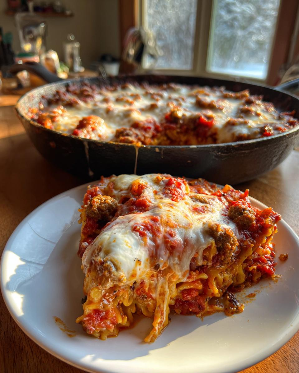 A generous slice of rich, cheesy skillet lasagna with meat sauce served on a white plate, with the rest of the skillet lasagna in the background.