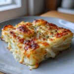 Close-up of a square serving of creamy potatoes au gratin with a golden-brown, cheesy crust and dried herbs.