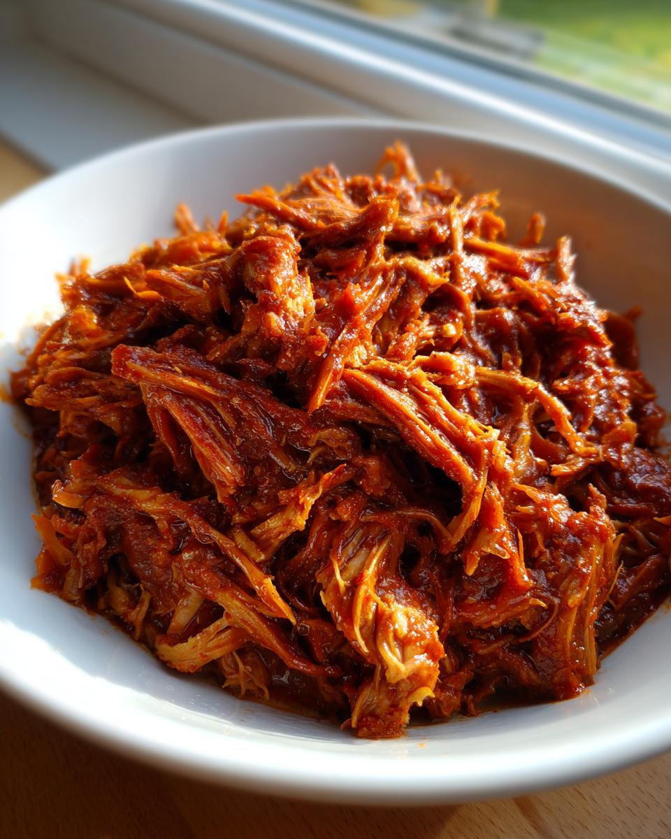 Close-up of rich, shredded chicken tinga coated in a vibrant red-orange sauce, served in a white bowl.