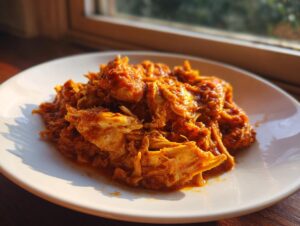 A close-up of shredded chicken tinga coated in a vibrant, smoky red sauce, served on a white plate near a window.