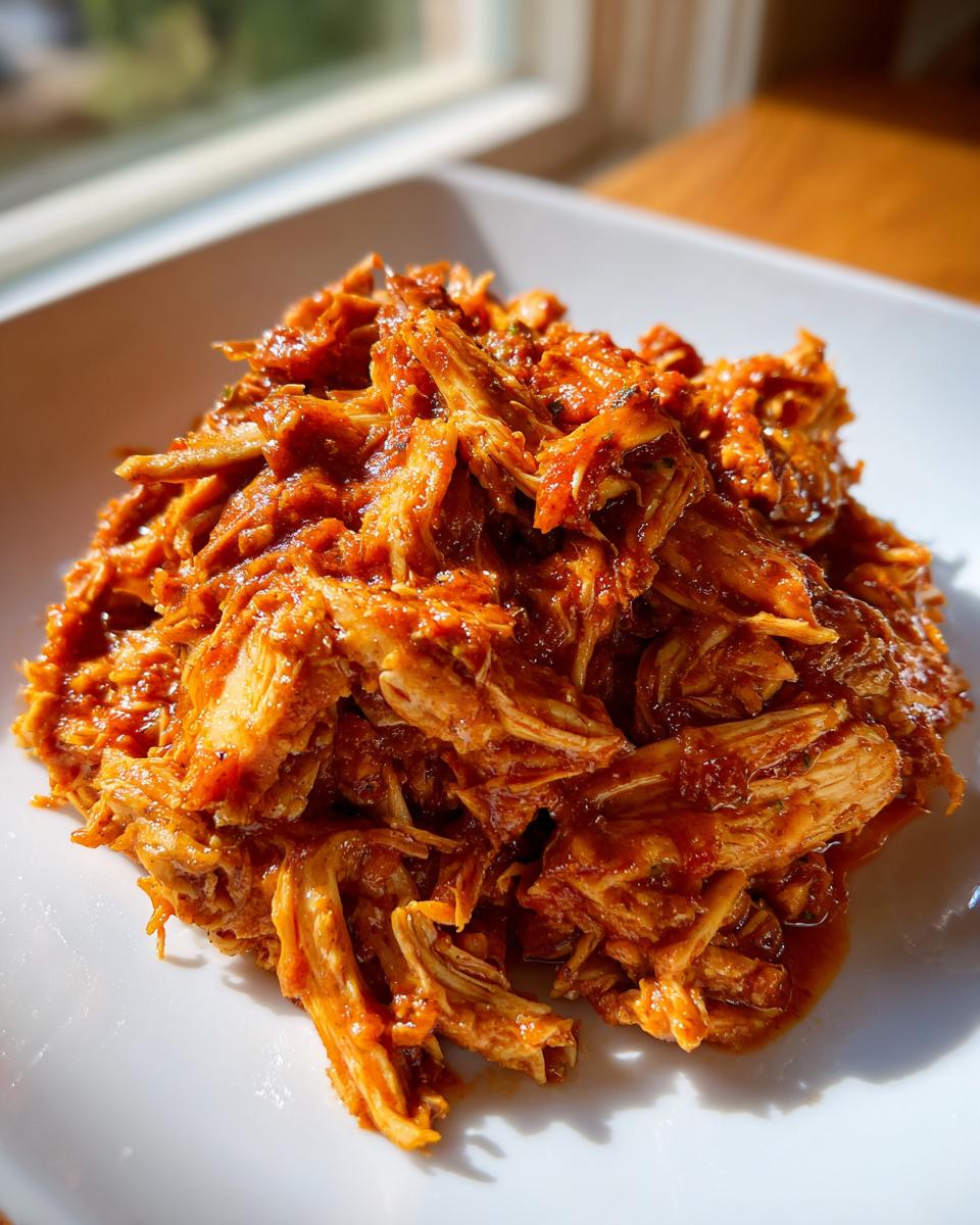 Close-up of moist, shredded chicken tinga coated in a vibrant, smoky red sauce, served on a white plate.