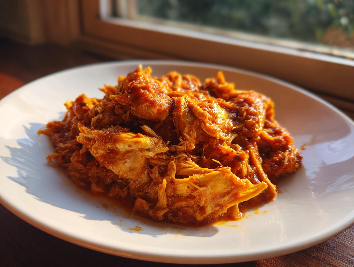 A close-up of shredded chicken tinga coated in a vibrant, smoky red sauce, served on a white plate near a window.