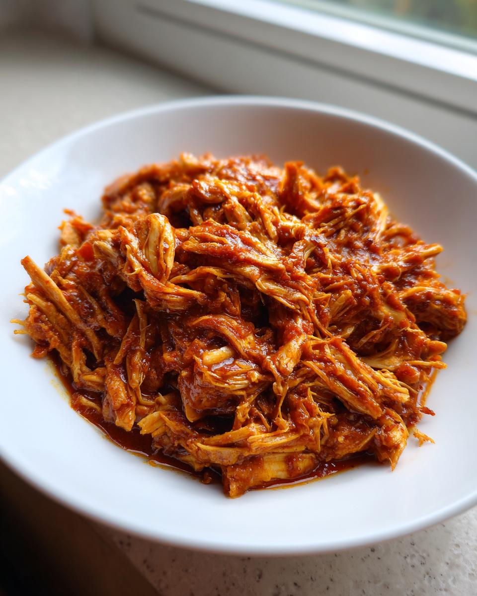 Close-up of shredded chicken tinga coated in rich, red adobo sauce served in a white bowl.