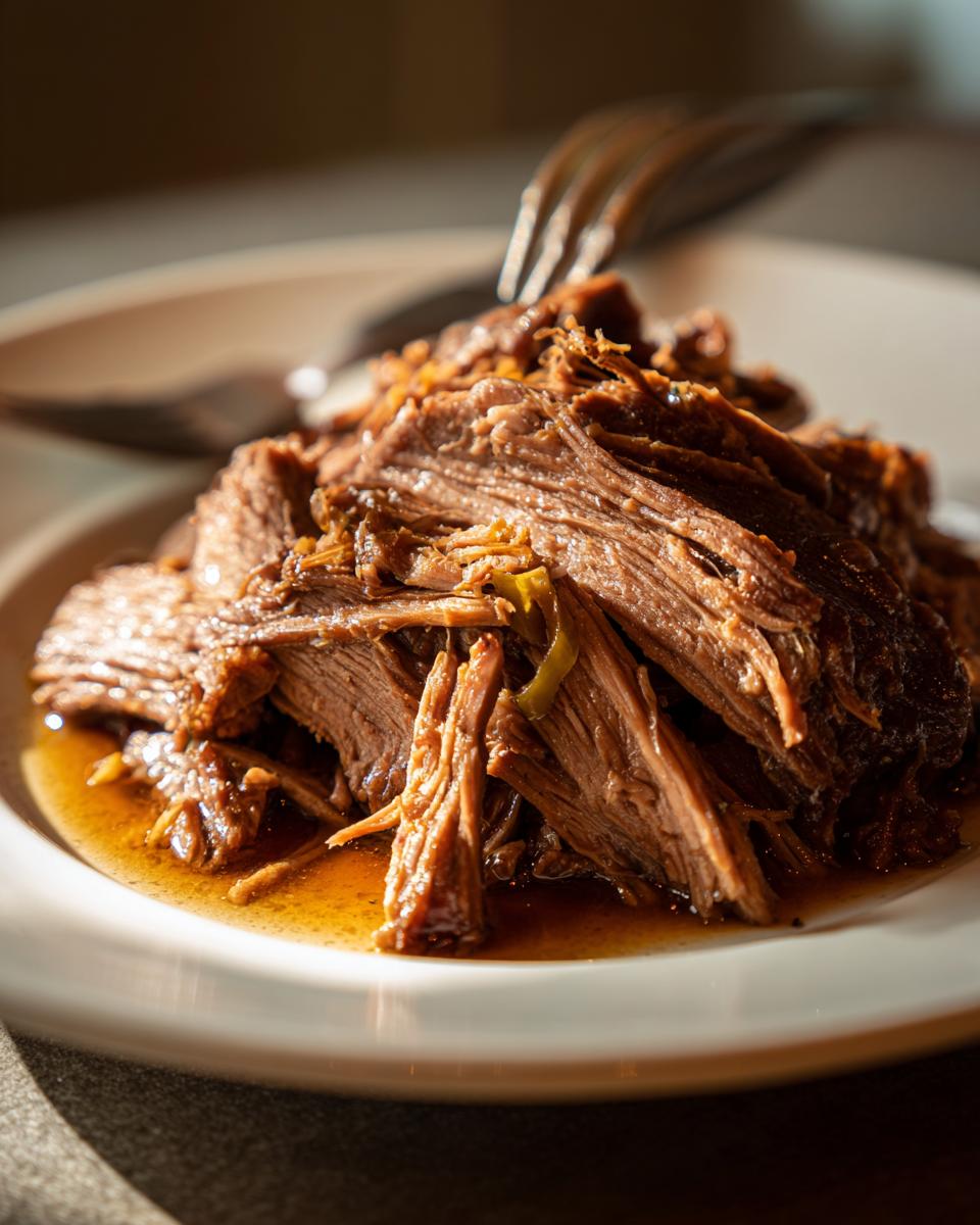 Close-up of tender, shredded Mississippi pot roast served in its rich juices on a white plate.