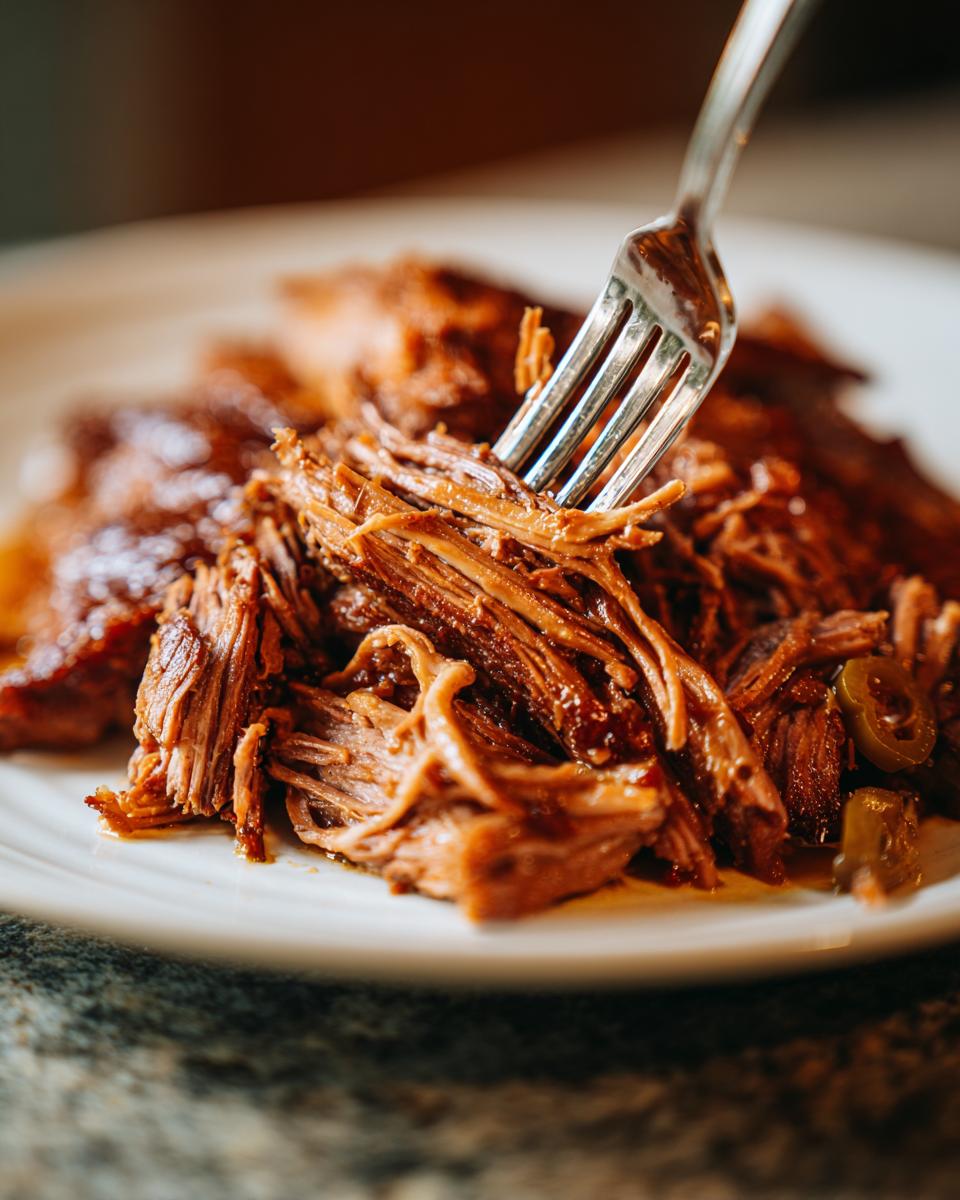 Close-up of tender, shredded Mississippi pot roast being pulled apart with a silver fork on a white plate.