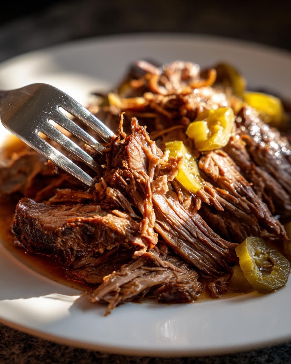 A fork pulling apart tender, shredded Mississippi pot roast served with sliced pepperoncini peppers.