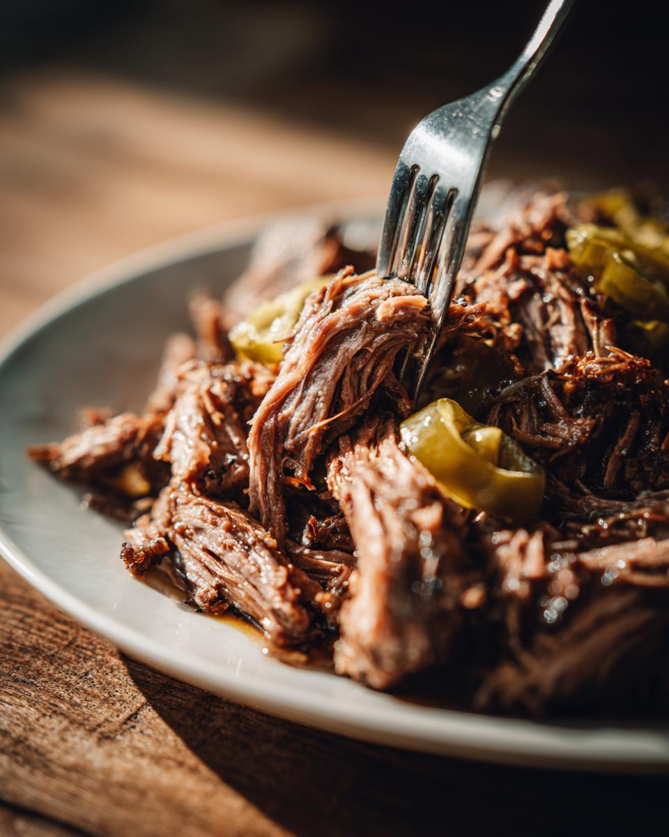 Close-up of tender, shredded Mississippi pot roast being pulled apart with a fork, topped with pepperoncini slices.