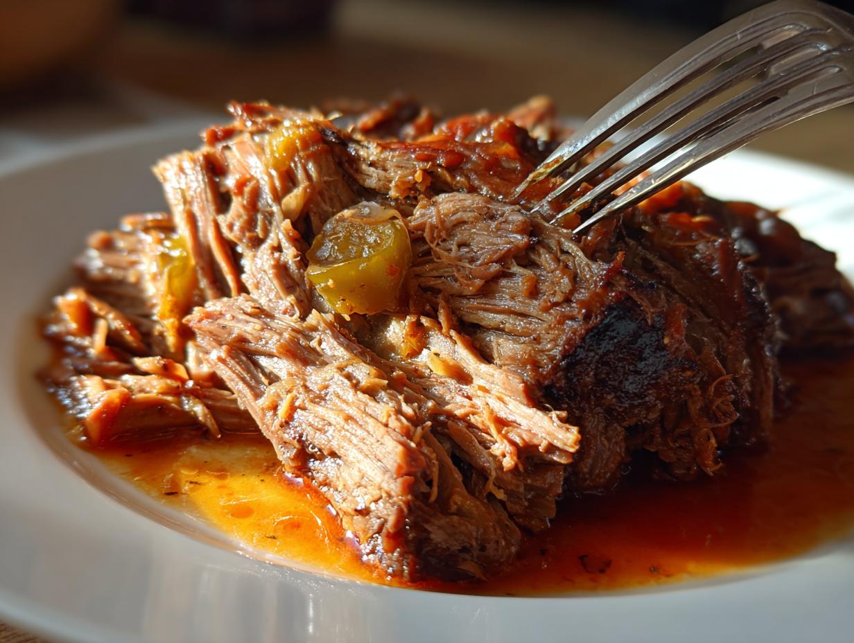 Close-up of tender, shredded Mississippi pot roast served on a white plate with savory juices and pepperoncini.