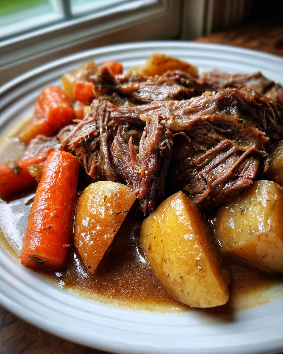 Close-up of tender, shredded pot roast served with large chunks of cooked carrots and potatoes in rich gravy.