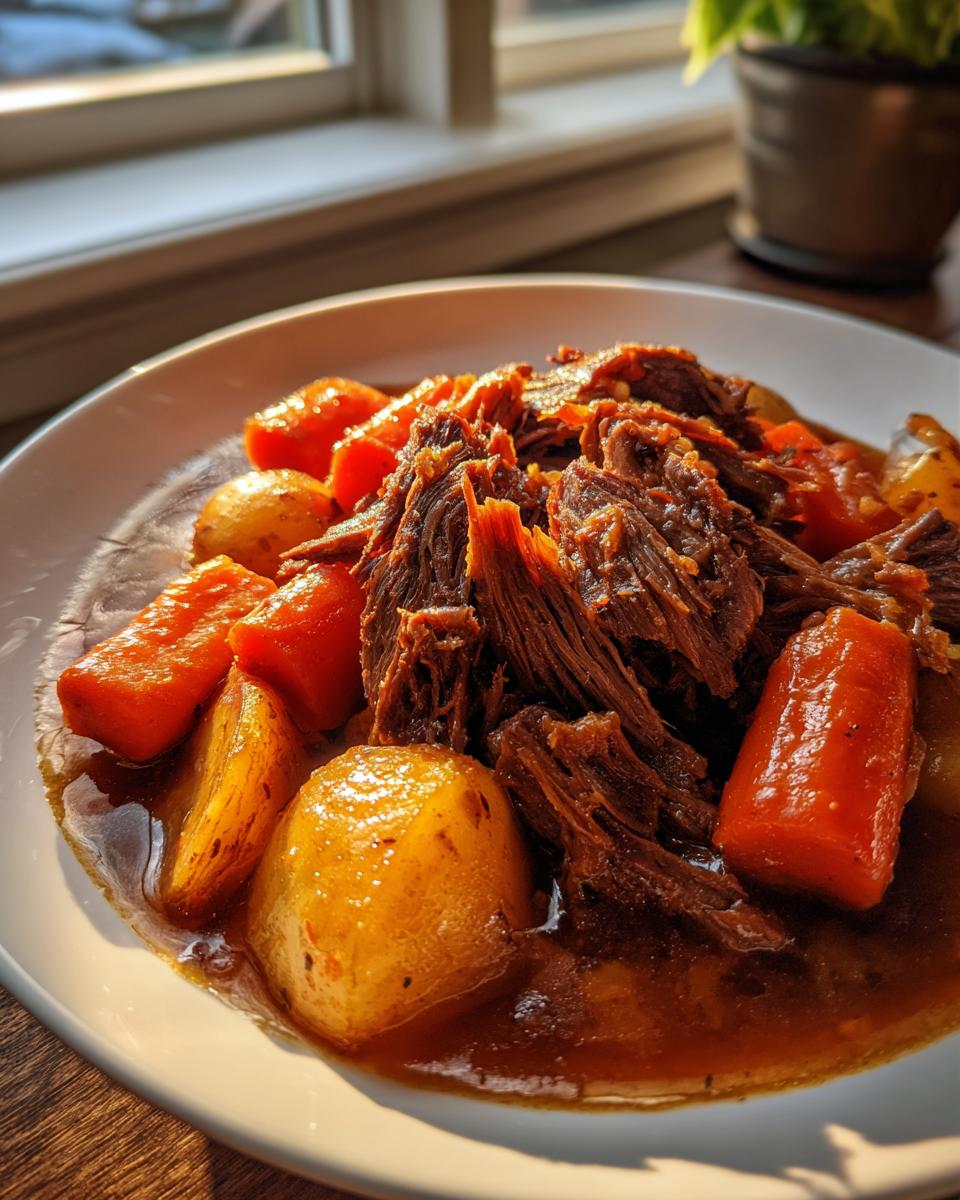 A close-up of shredded pot roast served with chunks of cooked carrots and potatoes in rich gravy.