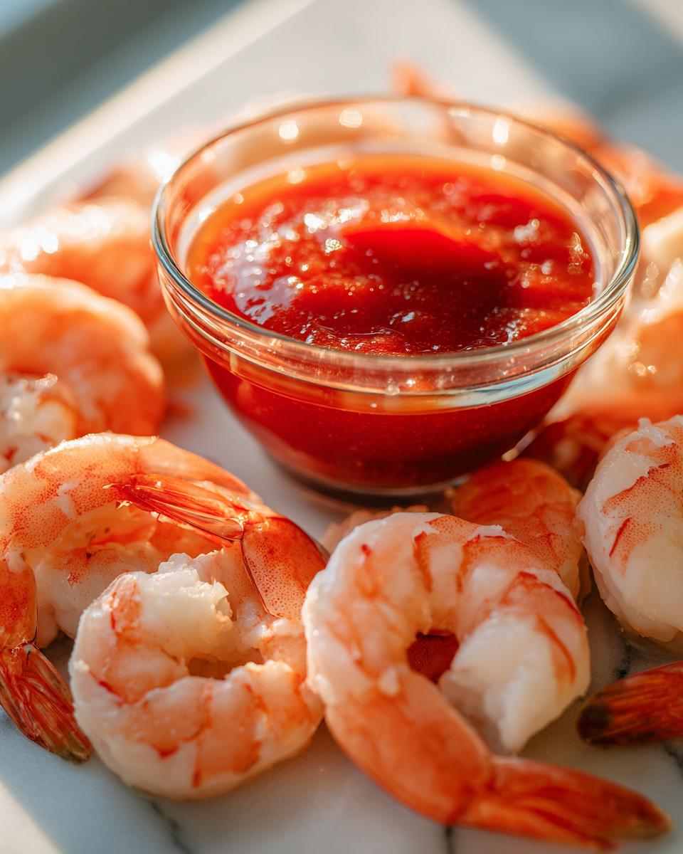 Close-up of cooked, peeled shrimp arranged around a small glass bowl of bright red cocktail sauce for shrimp cocktail.