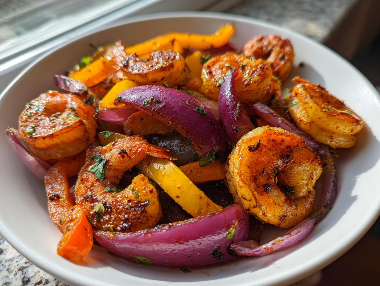 Close-up of perfectly seasoned shrimp fajitas mixed with vibrant red onions and yellow bell peppers in a white bowl.