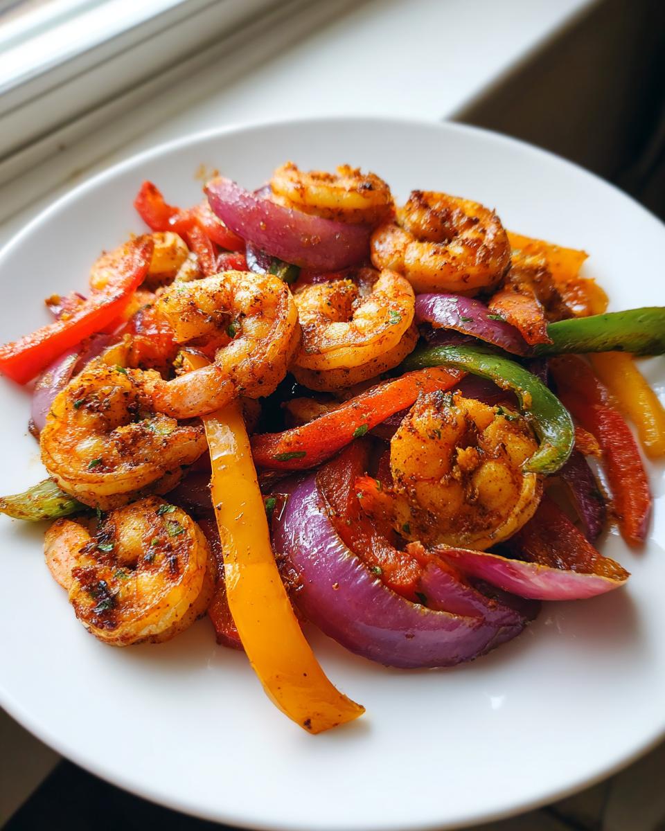 Close-up of perfectly cooked shrimp fajitas featuring seasoned shrimp, red onion, and colorful bell peppers on a white plate.