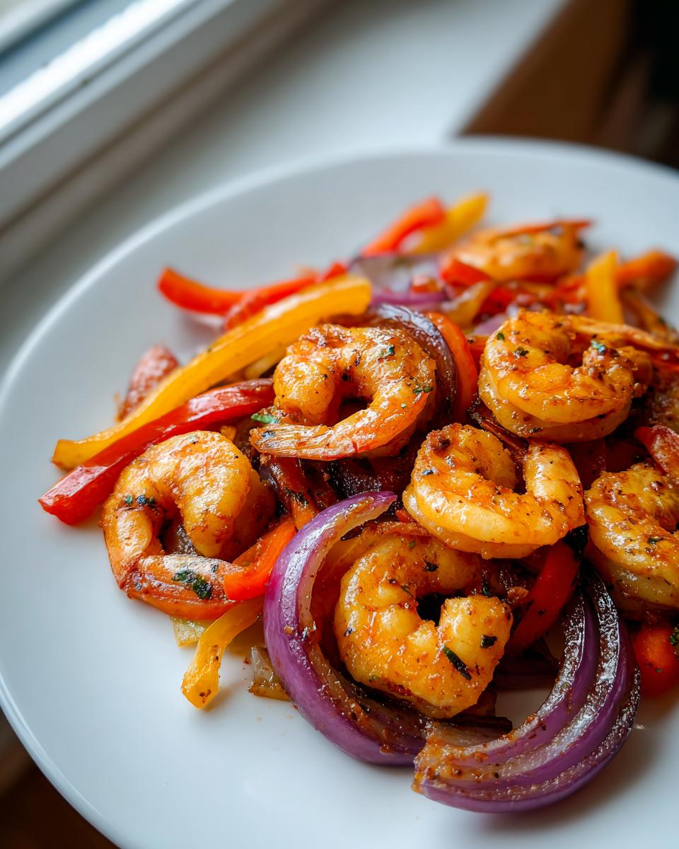 Close-up of seasoned shrimp fajitas featuring sautéed shrimp, red and yellow bell peppers, and thick slices of grilled red onion.