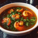 Close-up of a white bowl filled with vibrant, spicy tom yum soup featuring large shrimp and fresh cilantro.