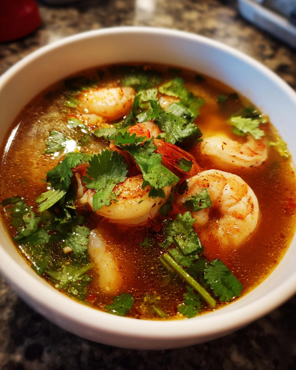 A close-up of a white bowl filled with rich, reddish-brown tom yum soup featuring plump shrimp and fresh cilantro.