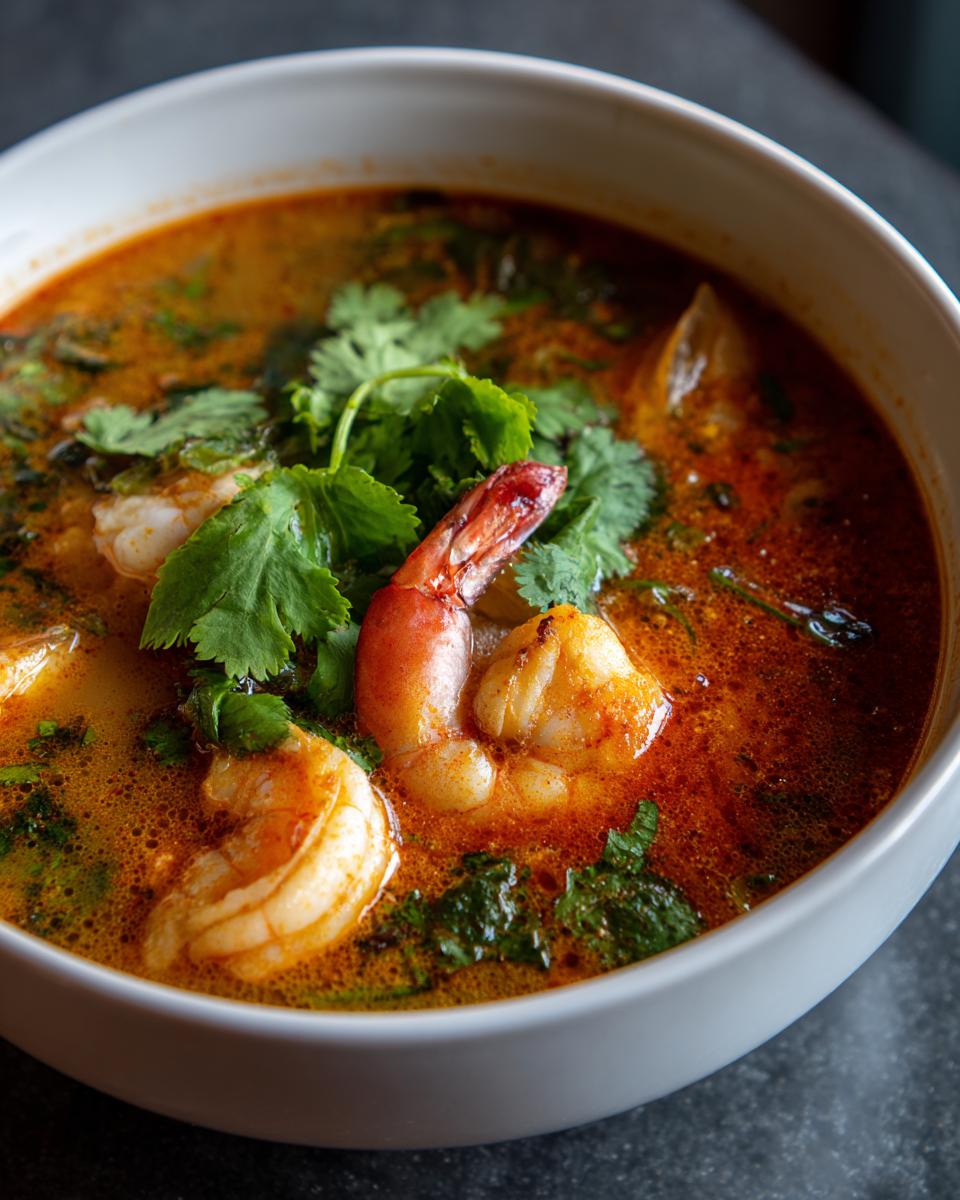 Close-up of a white bowl filled with rich, red-orange tom yum soup featuring large shrimp and fresh cilantro.