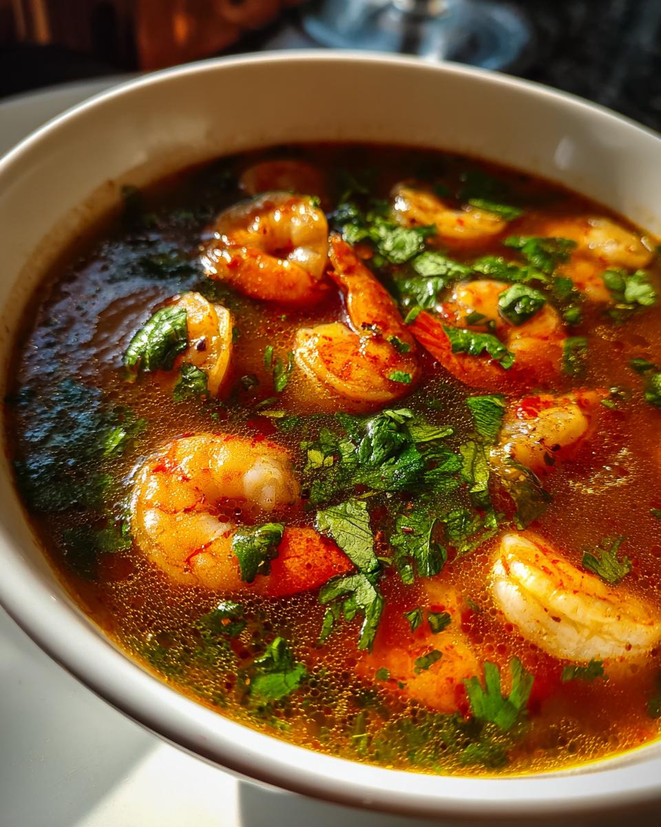 A close-up, vibrant image of shrimp floating in a rich, reddish-brown broth of tom yum soup, garnished with fresh green herbs.
