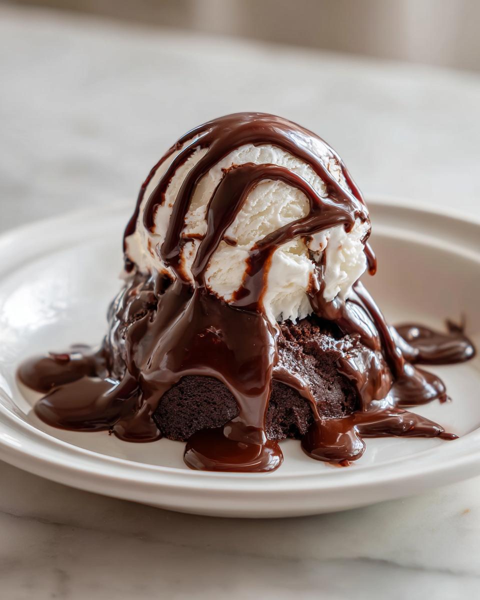 A scoop of vanilla ice cream on a brownie, generously covered in silky chocolate sauce recipe.
